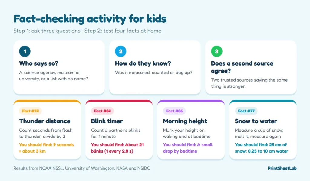 Fact-checking activity for kids: the three-question check and four home tests for thunder, blinking, height and snow
