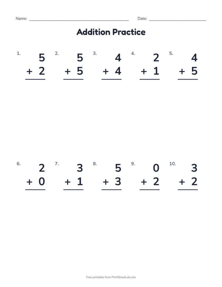 Math worksheets for kindergarten: addition within 10