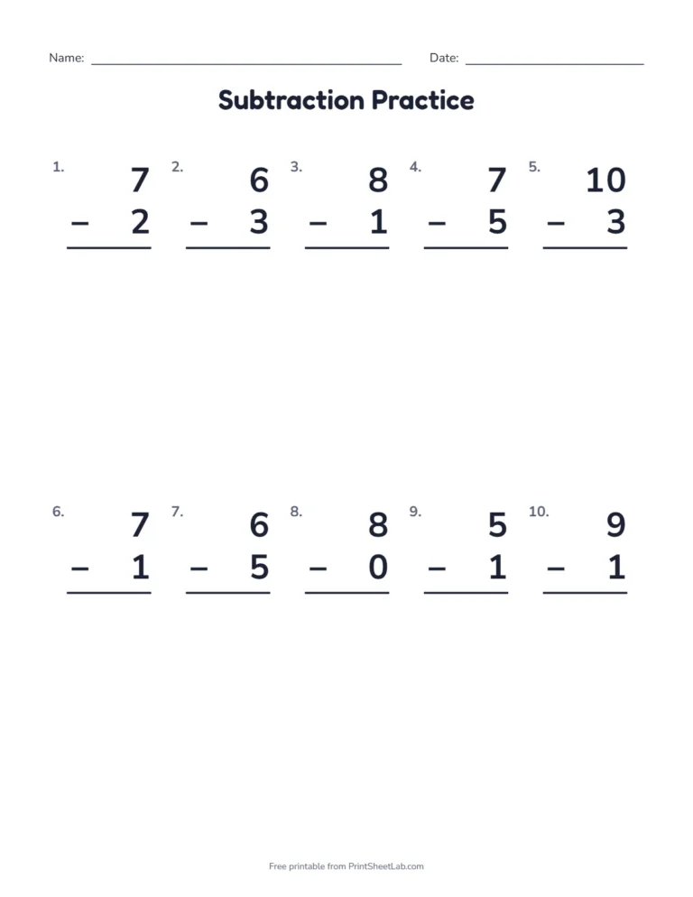 Free kindergarten math worksheets: subtraction within 10