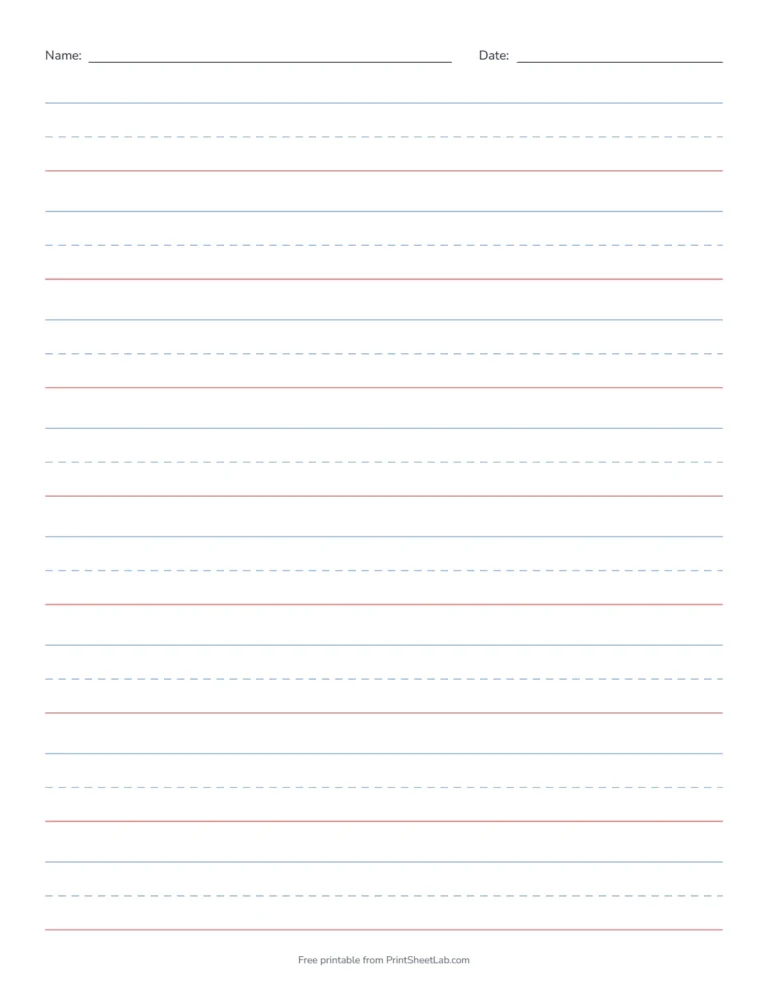 Kindergarten writing paper with 3/4 inch rows and a name and date line