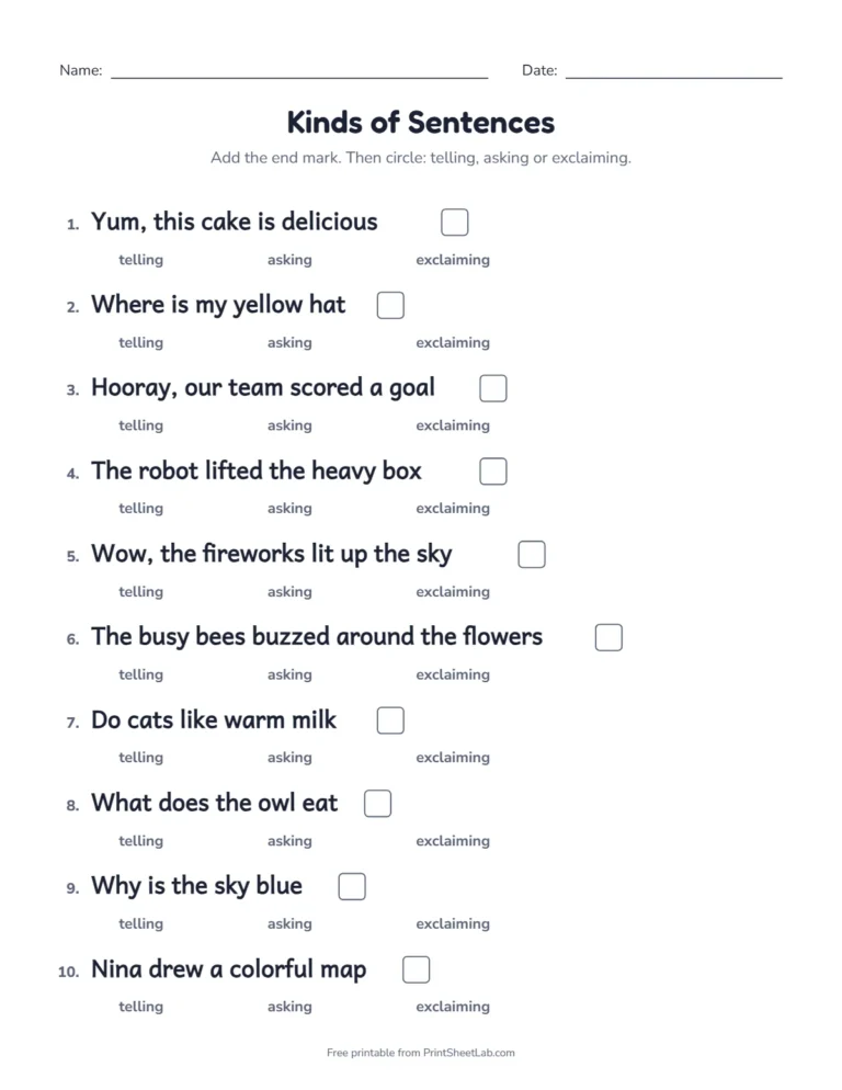 Telling and asking sentences worksheet: a second set of ten sentences
