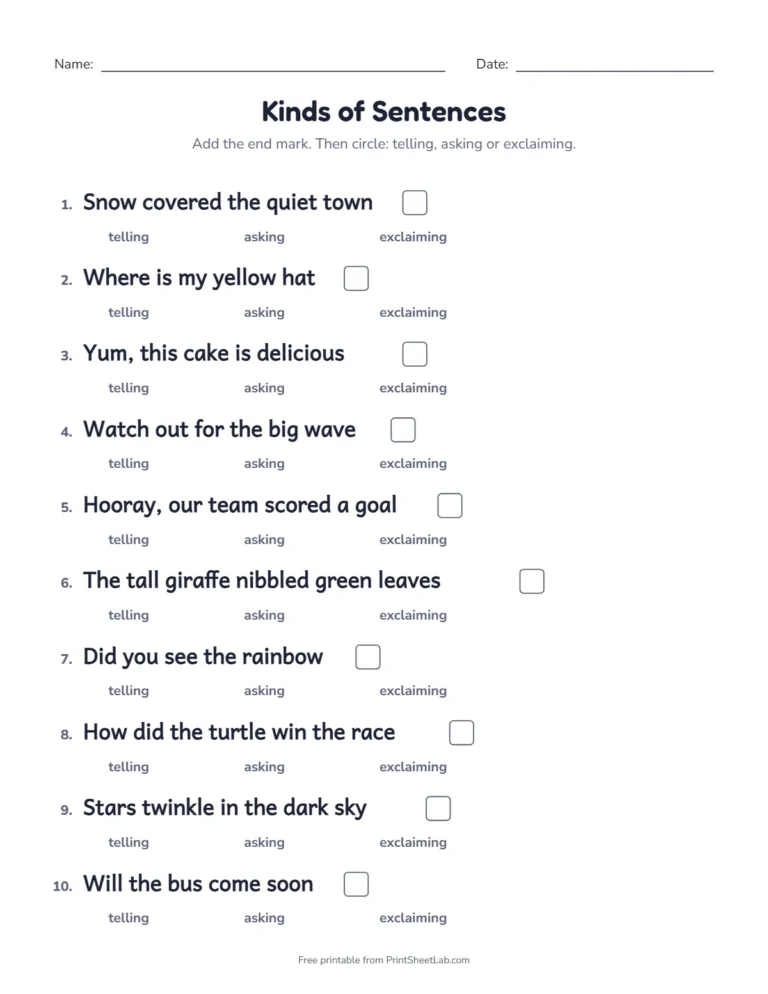 Kinds of sentences worksheets: add a period, question mark or exclamation mark and circle the kind