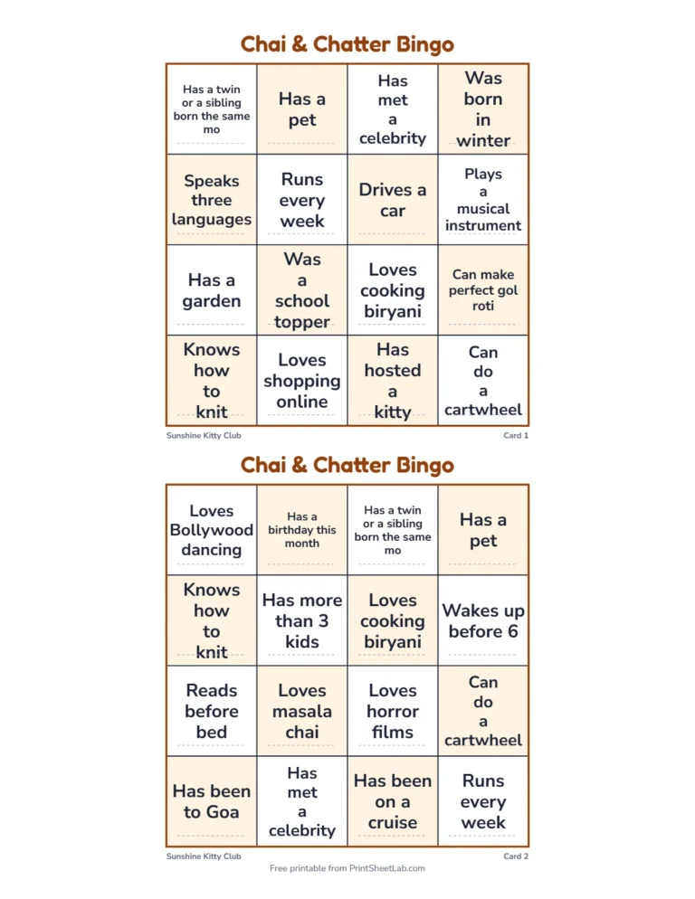 Human bingo cards in the quick 4 by 4 size for a small kitty party