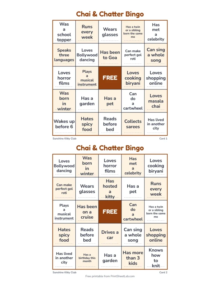 Kitty party icebreaker games: printable 5 by 5 human bingo cards with find someone who squares