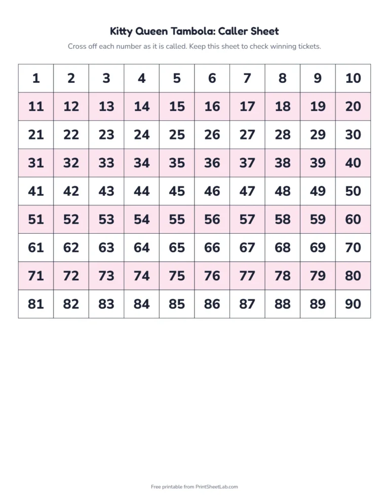 Kitty party tambola caller sheet: a 1 to 90 number grid to cross off as you call