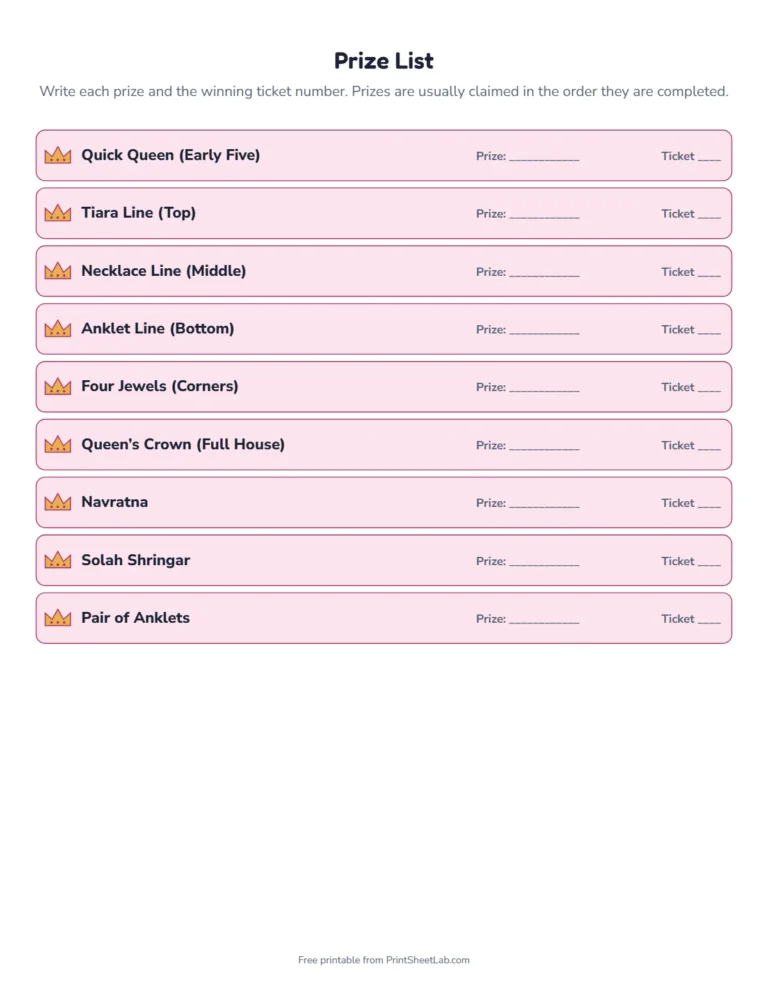 Kitty party tambola prize list with themed prize names and space for winners