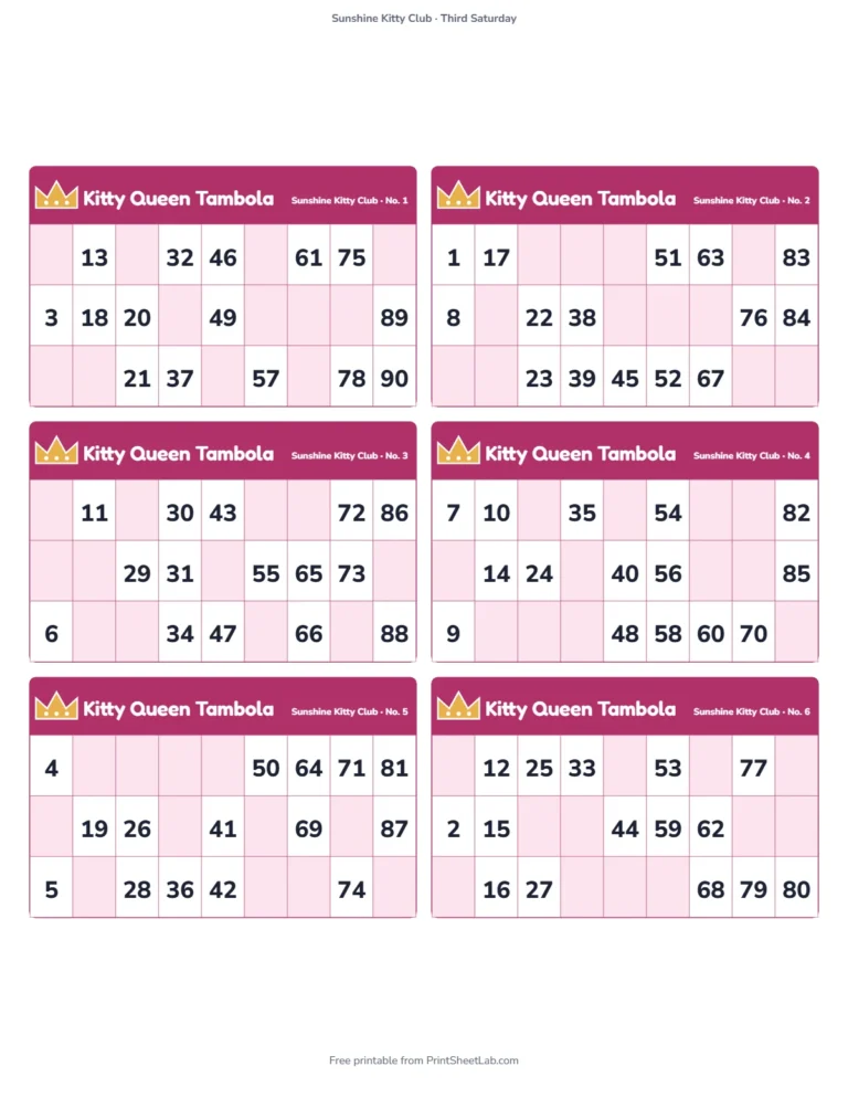 Kitty party tambola: printable tickets titled Kitty Queen Tambola