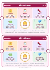 Kitty Queen Tambola picture tambola tickets with themed prize sections