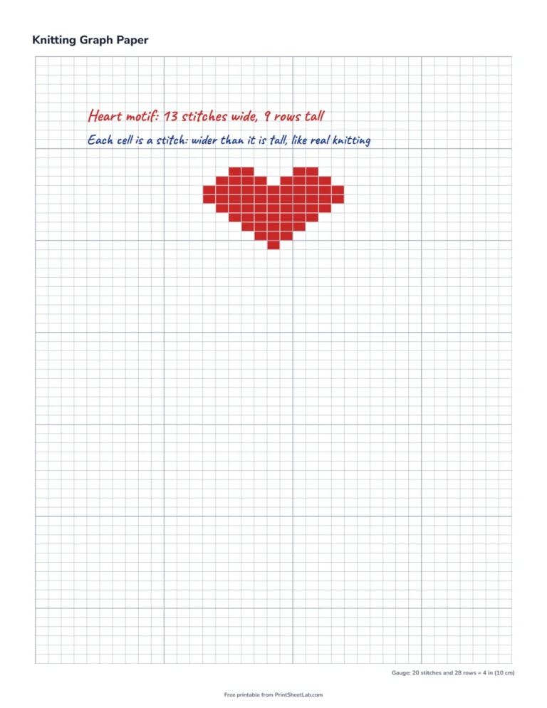 Knitting chart example with a red heart motif colored in on gauge graph paper
