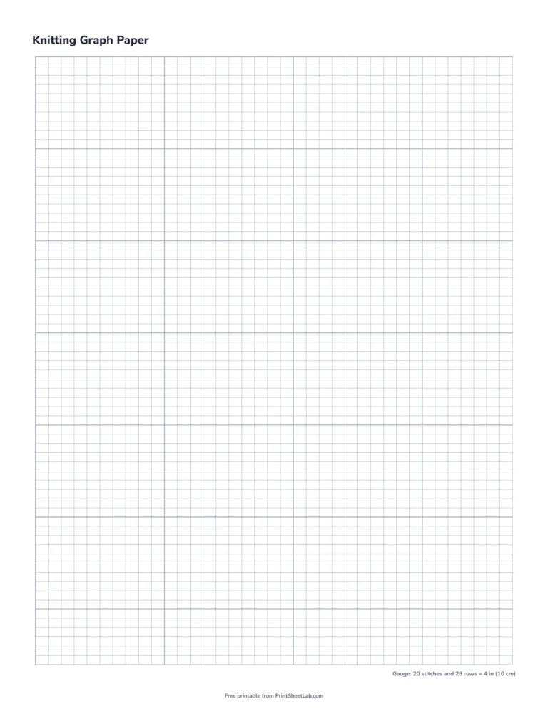 Knitting graph paper printable for a gauge of 20 stitches and 28 rows per 4 inches