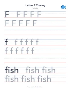 Letters F to J tracing (upper and lower case) printable worksheet for kindergarten