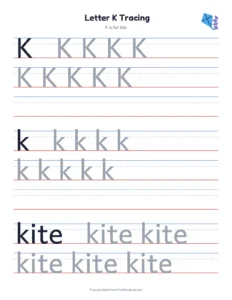 Letters K to O tracing (upper and lower case) printable worksheet for kindergarten