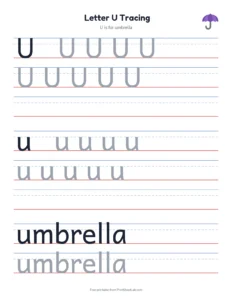 Letters U to Z tracing (upper and lower case) printable worksheet for kindergarten