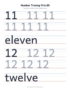 Number tracing 11 to 20 with number words printable worksheet for kindergarten