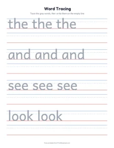 Tracing sight words: the, and, see, look, play, said printable worksheet for kindergarten
