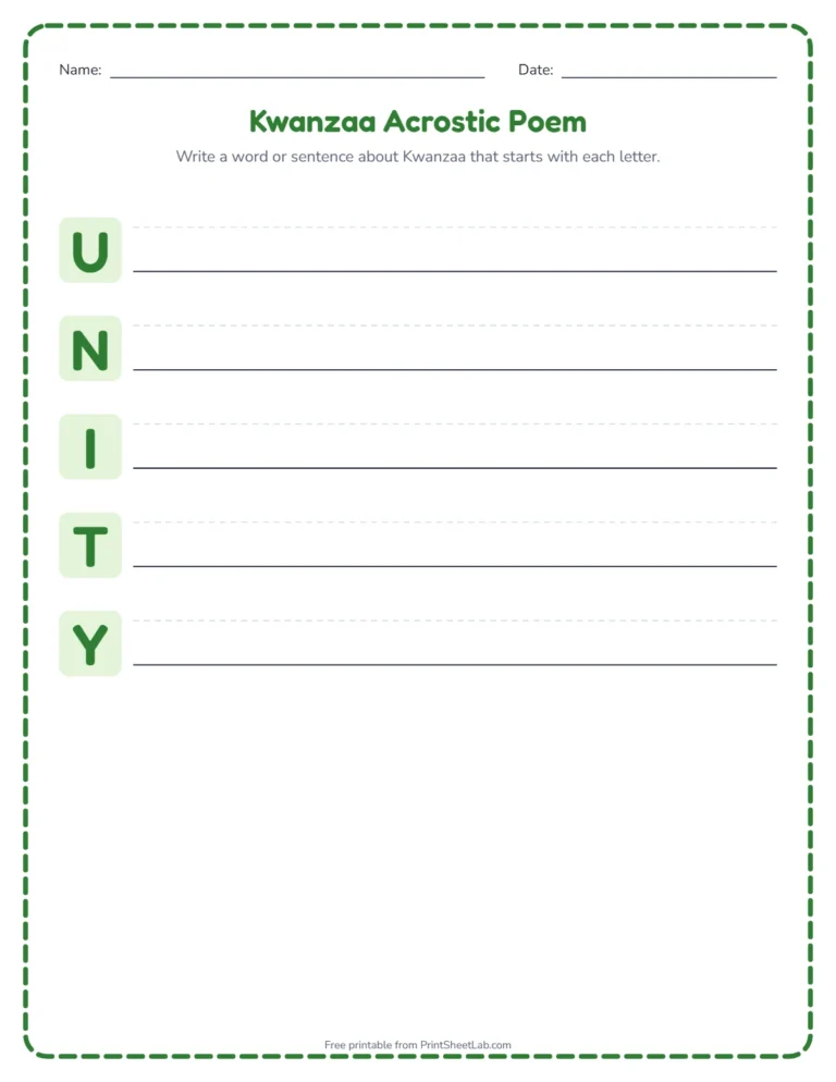 Kwanzaa acrostic poem worksheet: write a word for each letter of UNITY
