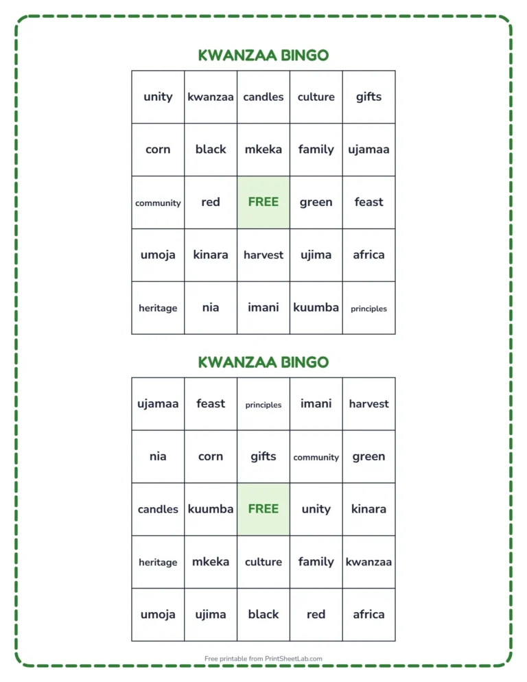 Kwanzaa bingo printable: two different bingo cards with Kwanzaa words