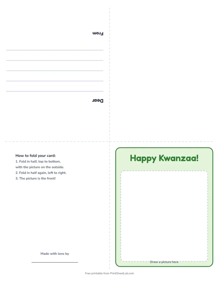 Kwanzaa card printable: a fold-up greeting card that says Happy Kwanzaa!
