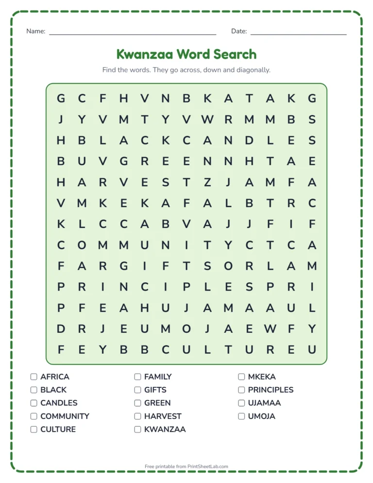 Kwanzaa activities for kids: word search printable with Kwanzaa words and a word list