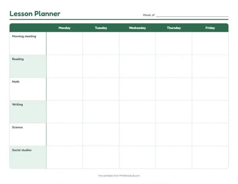 Lesson planner printable with subjects by weekday in forest green