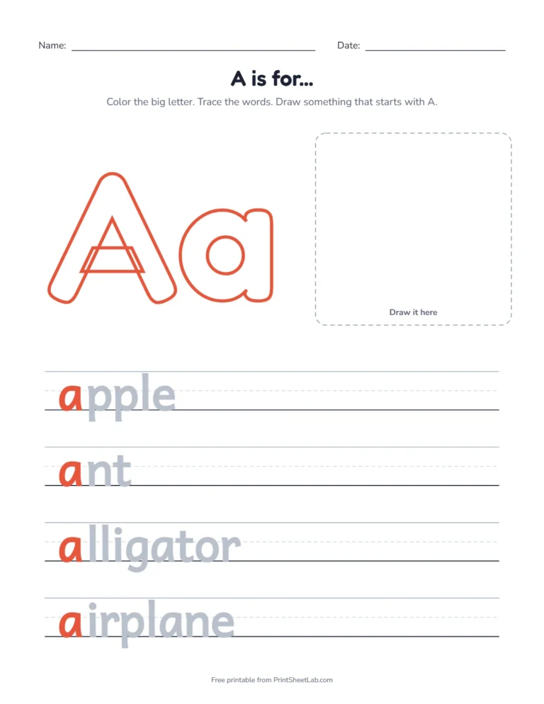 A is for apple coloring page with apple, ant, alligator and airplane to trace