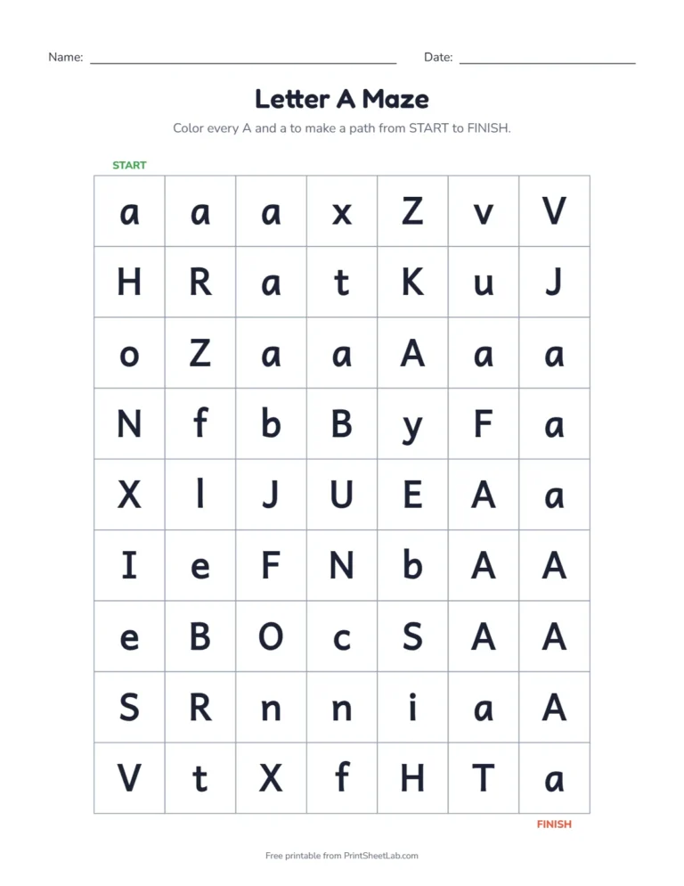 Letter A worksheets kindergarten maze: color the A squares from start to finish