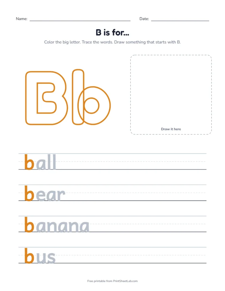 B is for ball coloring page with ball, bear, banana and bus to trace
