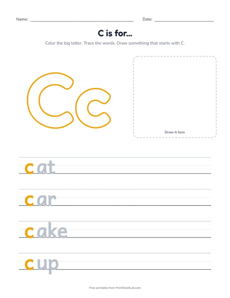 C is for cat coloring page with cat, car, cake and cup to trace
