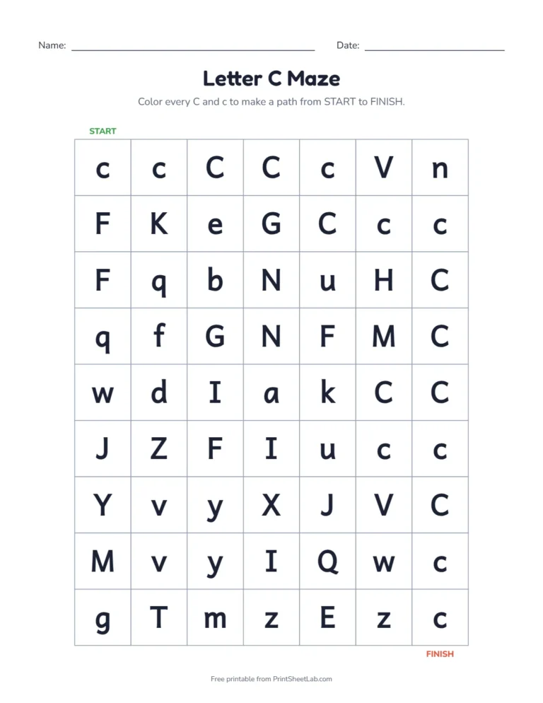 Letter C worksheets kindergarten maze: color the C squares from start to finish