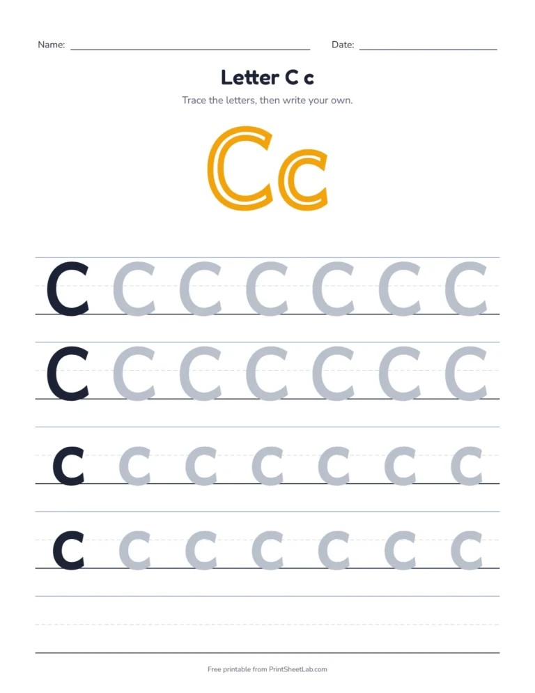 Letter C tracing worksheet with uppercase C and lowercase c rows