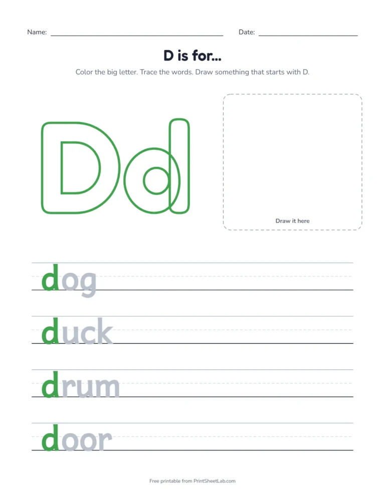 D is for dog coloring page with dog, duck, drum and door to trace