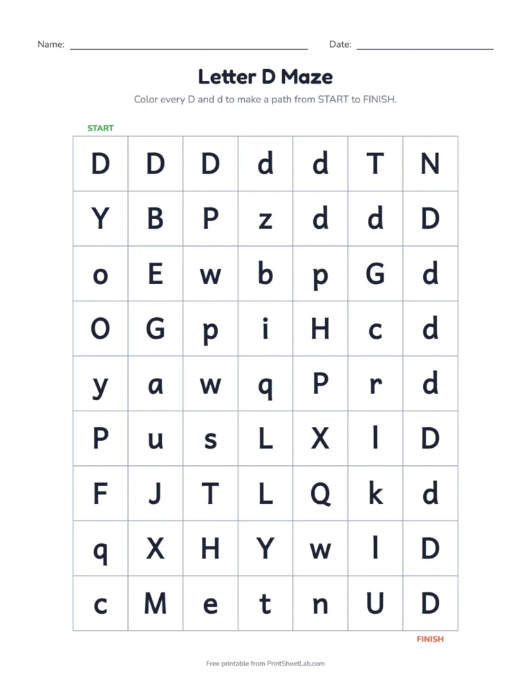 Letter D worksheets kindergarten maze: color the D squares from start to finish