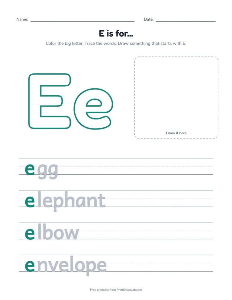 E is for egg coloring page with egg, elephant, elbow and envelope to trace