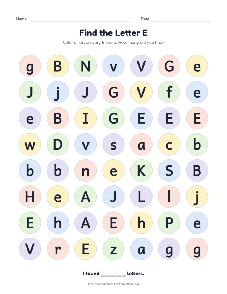 Letter E worksheets: find the letter E among look-alike letters