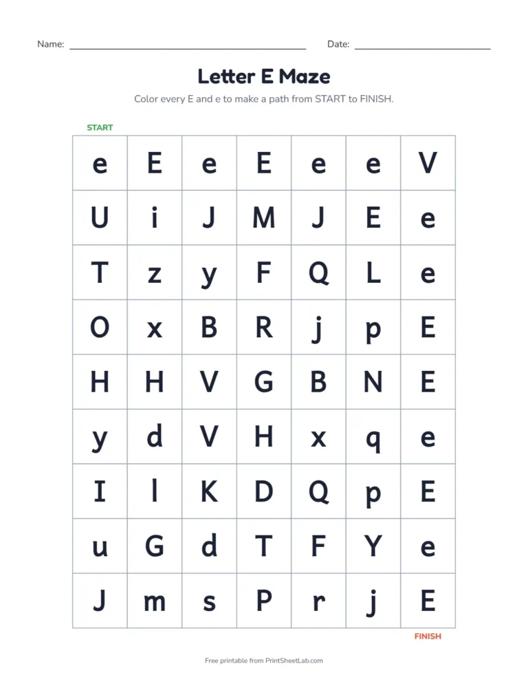 Letter E worksheets kindergarten maze: color the E squares from start to finish