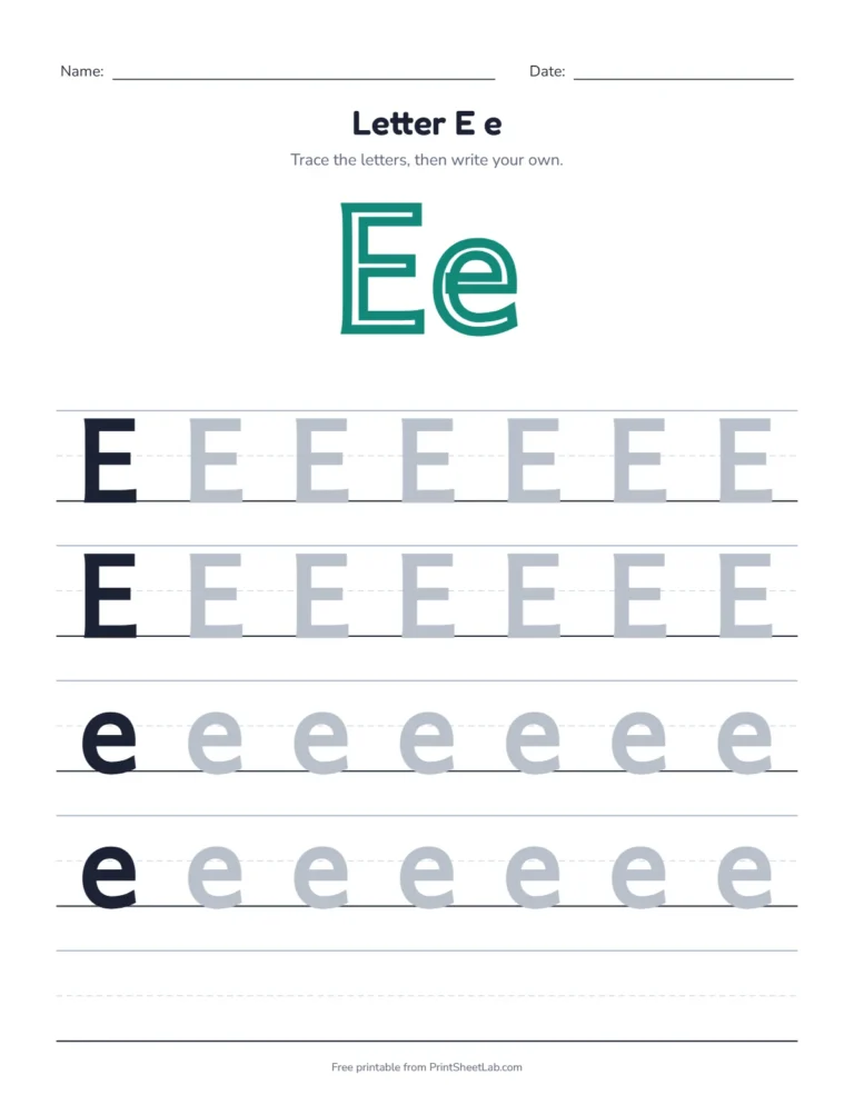 Letter E tracing worksheet with uppercase E and lowercase e rows