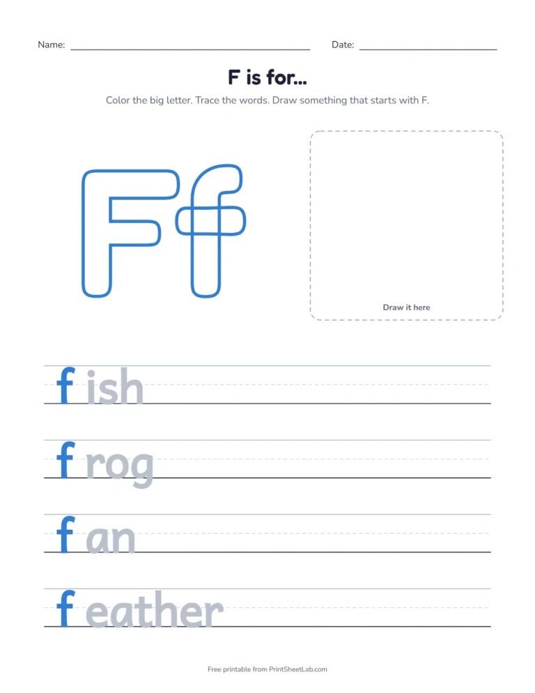 F is for fish coloring page with fish, frog, fan and feather to trace