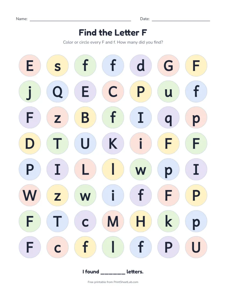Letter F worksheets: find the letter F among look-alike letters