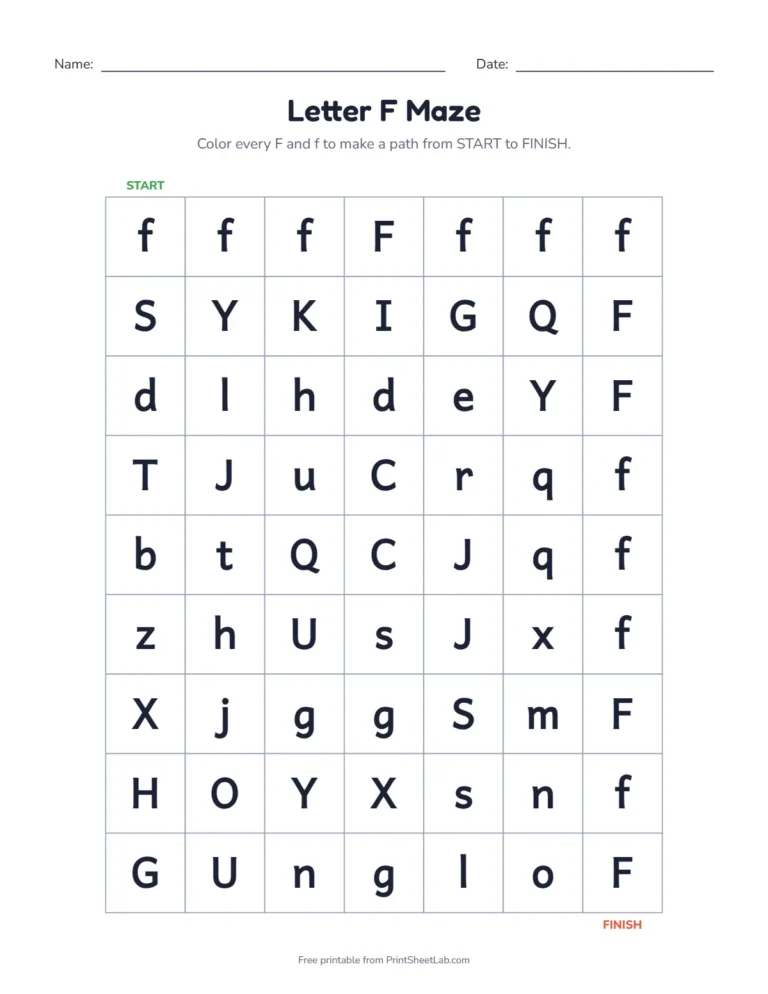 Letter F worksheets kindergarten maze: color the F squares from start to finish