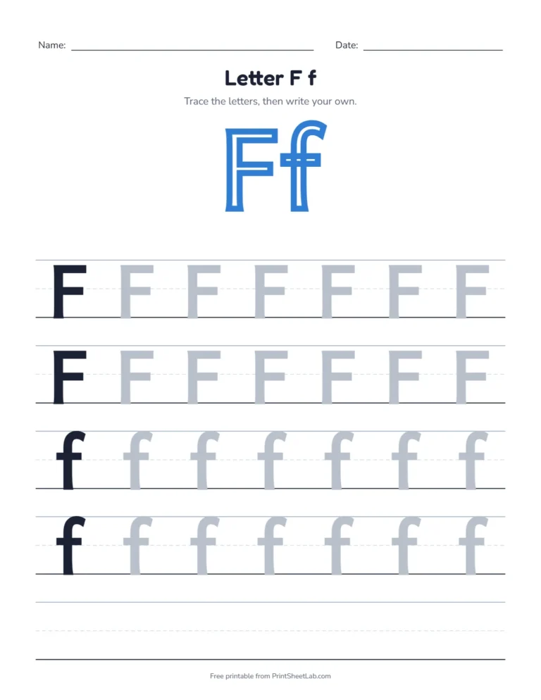 Letter F tracing worksheet with uppercase F and lowercase f rows