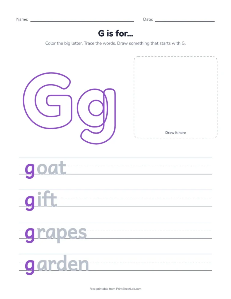 G is for goat coloring page with goat, gift, grapes and garden to trace