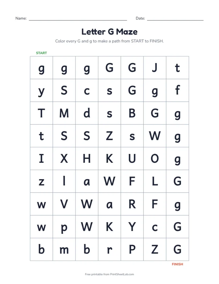 Letter G worksheets kindergarten maze: color the G squares from start to finish