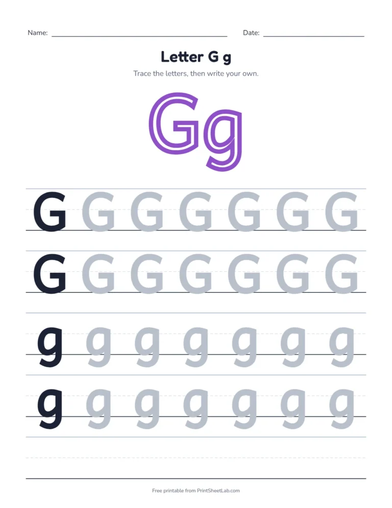 Letter G tracing worksheet with uppercase G and lowercase g rows