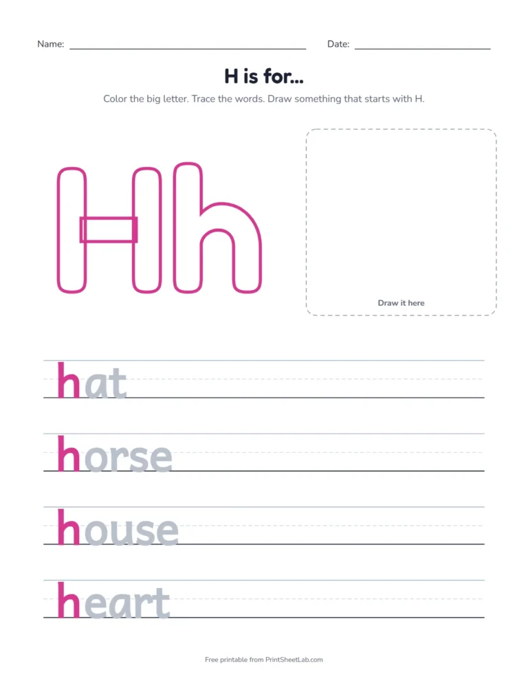 H is for hat coloring page with hat, horse, house and heart to trace