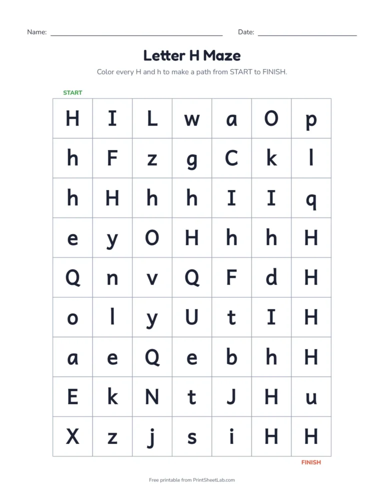 Letter H worksheets kindergarten maze: color the H squares from start to finish