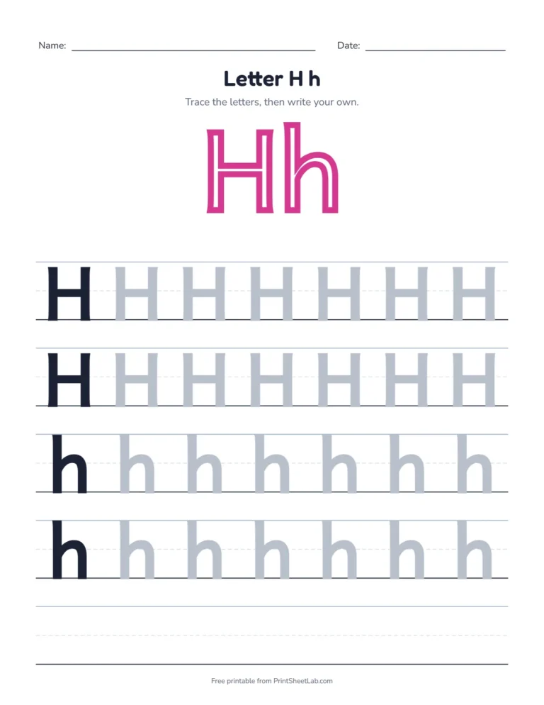 Letter H tracing worksheet with uppercase H and lowercase h rows