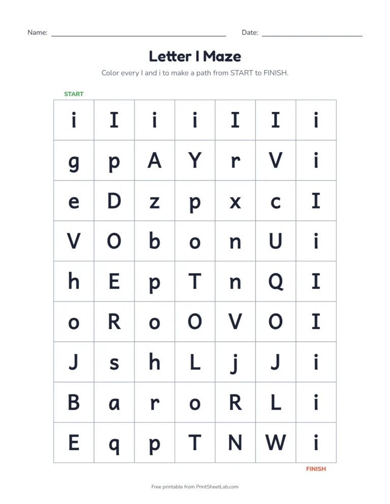 Letter I worksheets kindergarten maze: color the I squares from start to finish