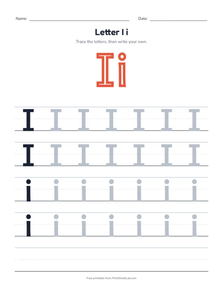 Letter I tracing worksheet with uppercase I and lowercase i rows