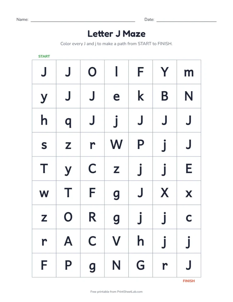 Letter J worksheets kindergarten maze: color the J squares from start to finish