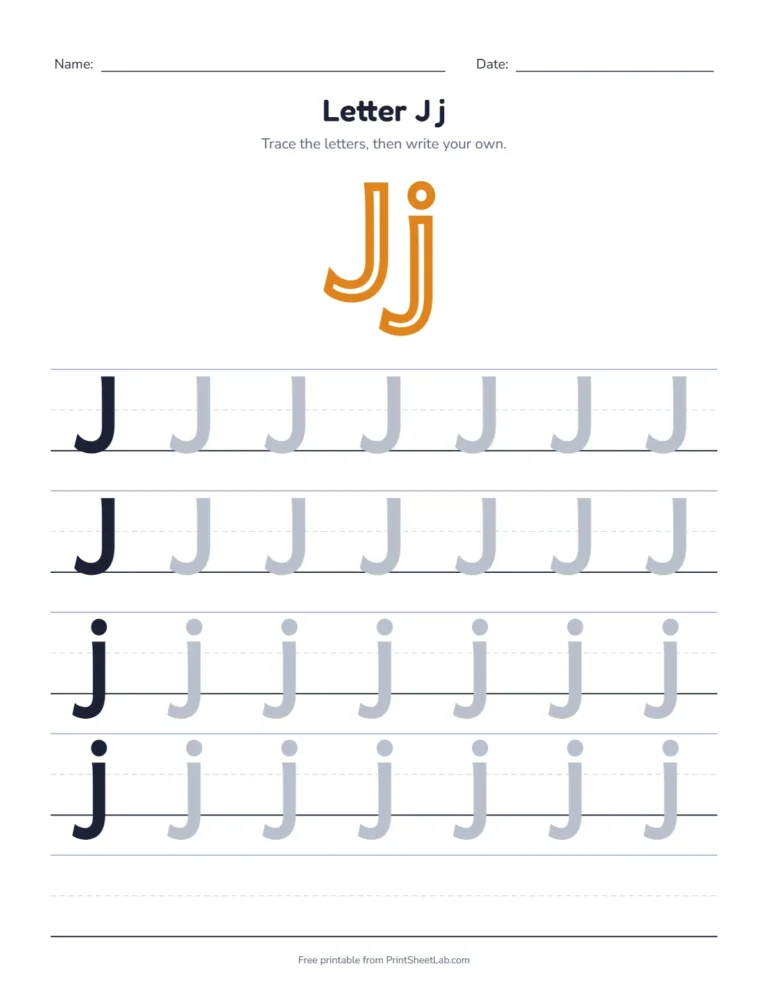 Letter J tracing worksheet with uppercase J and lowercase j rows